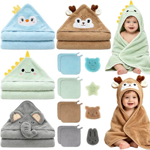 16 Pcs Baby Bath Towels Set for Infants Toddlers, 4 Hooded Baby Towels & Bath Sponge, 8 Washcloths, Soft Absorbent Baby Bath Towels Thanksgiving Christmas for Boys Girls Newborn