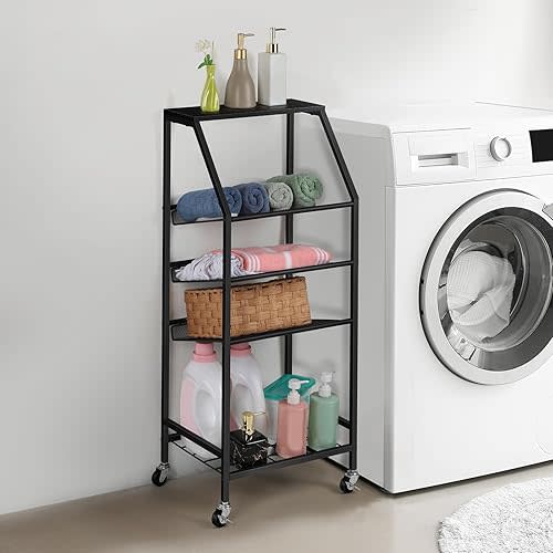 Bathroom Freestanding Towel Rack Table 5 Tier Metal Rolling Utility Cart with Storage for Bath Living Room Bedroom, Black