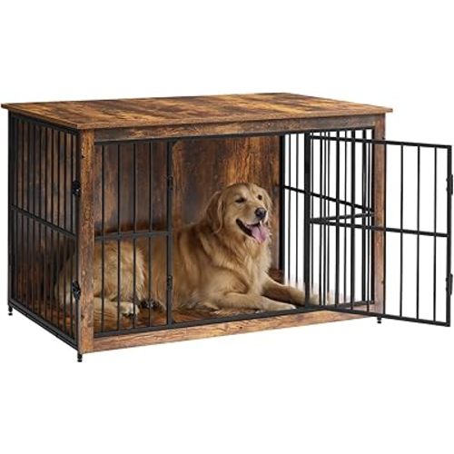 Feandrea Wooden Dog Crate Furniture, 48 Inches Heavy-Duty Kennel for Dogs up to 110 lb, with Double Doors and Enclosed Wood Base, Modern Pet Cage End Table Indoor, Rustic Brown