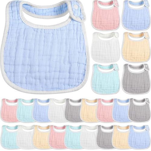 Yahenda 24 Pcs Muslin Baby Bibs Bandana Drool Bibs for Unisex Boys Girls Soft Cotton Drooling 8 Absorbent Layer,adjustable with Easy Snaps for Teething Baby Girl, Boy, Newborn Infant
