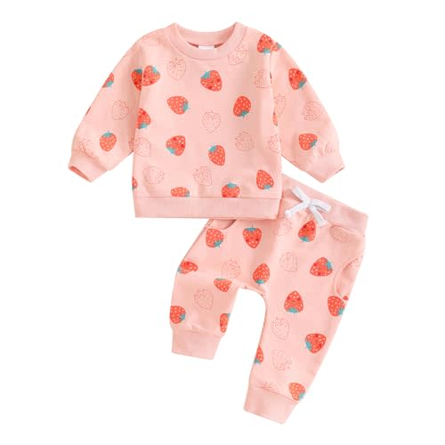 Kaipiclos Baby Girl Clothes Toddler Fall Outfits Sweatshirt Pants | Waffled Cherry/Strawberry Outfit Pullover Sweater Tops Long Pants Sweatsuit Set Baby Clothes for Girls 6 12 18 24 Months 3T