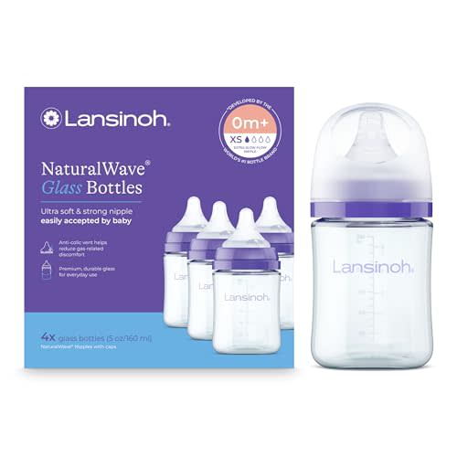 Lansinoh Anti-Colic Glass Baby Bottles, 5 Ounces, 4 Count Bottles for Feeding, Baby Essentials, Includes 4 Extra Slow Flow Nipples, Size XS