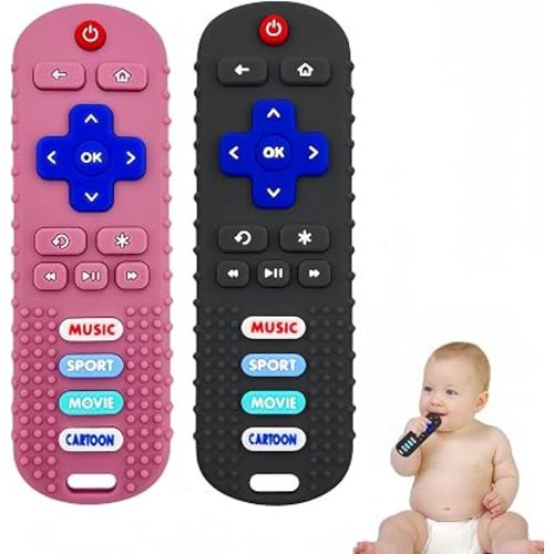 SOLIFEGOBLE 2 Pack Baby Teether Toys,Silicone Remote Teether for Babies,Baby TV Remote Toys,Infant Chew Toys for Babies Chew Toys (Black + Pink)