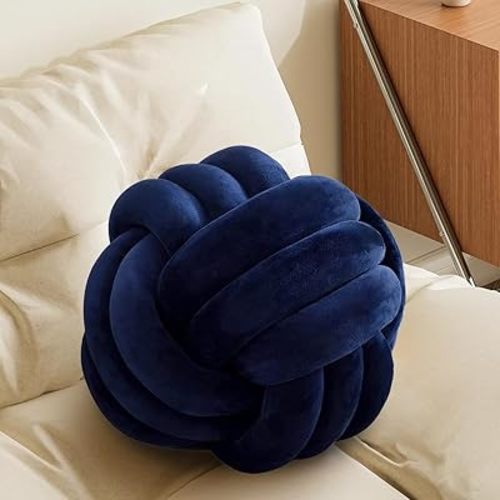 Navy Knot Pillow Ball, Handmade Decorative Throw Pillow, Soft Round Knotted Cushion for Couch & Bedroom, Cute Home Decor, Braided Pillow for Living Room (7.87 Inches)