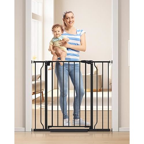 34" Extra Tall Baby Gate for Stairs, Auto Close Stroller Friendly Dog Gate Indoor for Doorways, Pressure Mounted 29"-40" Wide Baby Gate, Easy Walk Through Gate for Children & Pets, Black