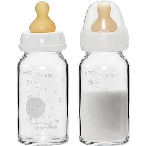 HEVEA Standard Neck Glass Baby Bottles - Natural Rubber Medium Flow Nipples - Anti Colic Baby Bottles for Breastfeeding Babies - Newborn 0+ Months - BPA-Free, Two-Pack (4 Oz)