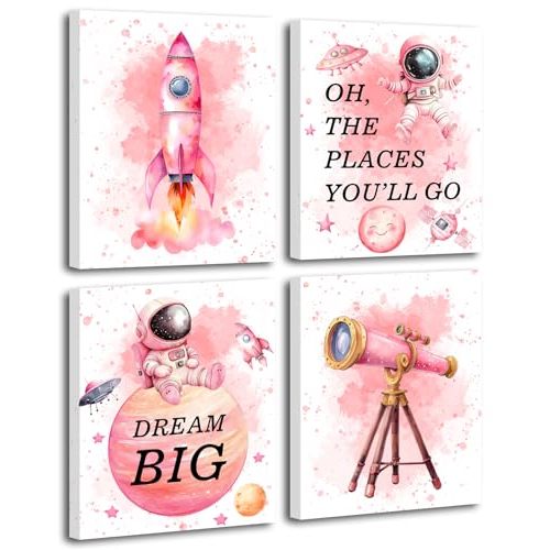 Framed Pink Outer Space Wall Art Prints,Watercolour Star Rocket Astronaut Art Posters,Cute Inspirational Art Artwork for Nursery Decor Girls Boys Room Playroom Classroom Decor,Set Of 4 (8X10)