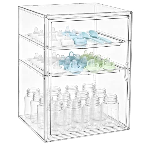 ERTIUANIO Baby Bottle Organizer for Countertop Cabinet Storage | 3 Tier Adjustable Clear Acrylic Station Container with 2 Pull-Out Dividers for Nursery, Kitchen, Bathroom, Gifts for New Mom