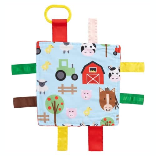 Baby Sensory Farm Animal Crinkle Tag Toy for Developing 5 Senses - Learning Shapes and Colors - Tummy Time - Travel Stroller Keepsake with BPA Free Clip for On The Go 8" x 8"