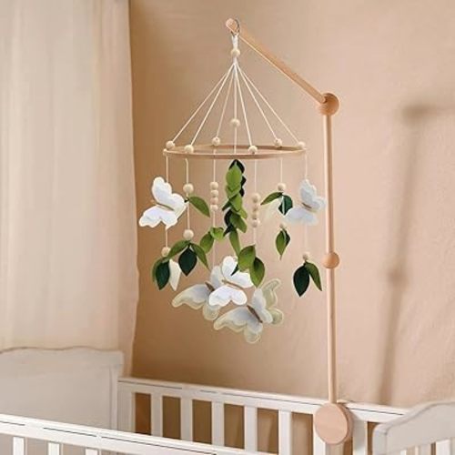Butterfly Mobile for Crib - A Beautiful Neutral Butterfly Handmade Crib Mobile with Green Leaves, White and Gold Detail