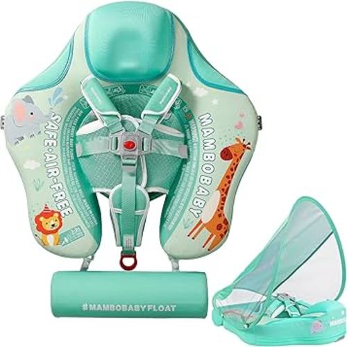 Mambobaby Float Non Inflatable Smart Swim Trainer Newest Size Improved Add Tail Never Flip Over UPF 50+ Sun Canopy Baby Swim Float Mambo Baby Float Solid Swimming Ring Infant Pool Float