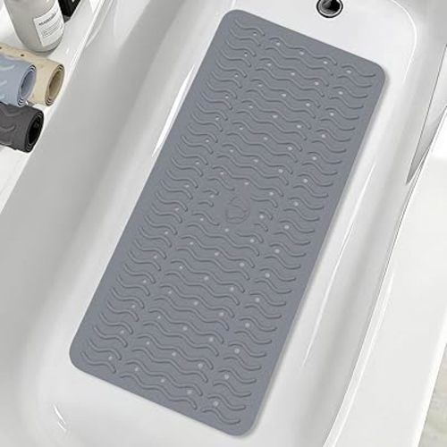 Non Slip Bathtub Mat & Shower Mat, 31x15'' Anti Slip Bath Mat for Tub, Soft TPE Anti-Skid Bathroom Mat with 194 Suction Cups & Drain Holes, Wave-Textured Grip, Machine Washable, Grey