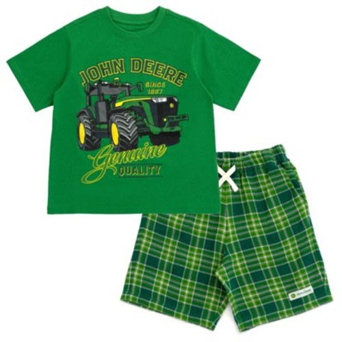 John Deere Tractor Toddler Boys T-Shirt and Shorts Outfit Set Plaid Green 2T