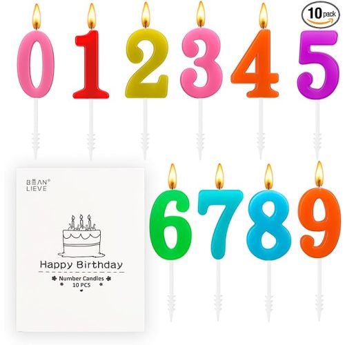 Beanlieve 10-Pieces Numeral Birthday Candles - Cake Numeral Candles Number 0-9 Glitter Cake Topper Decoration for Birthday,Wedding Anniversary,Party Celebration (Colourful)