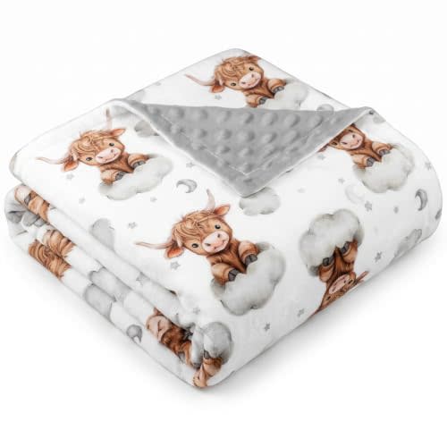 Lounsweer Western Highland Cow Baby Blanket for Kids Clouds Farmhouse | Toddler Soft Blanket with Double Layer Dotted Backing for Nursery Newborn Baby Crib, 30"x40"