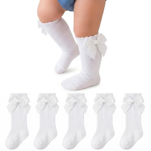 Baby Girl Knee High Socks with Bows Soft Cotton Ruffle Long Stockings Smooth Sole Infant Toddler Uniform