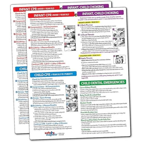 Safety Magnets by ZOCO – Infant and Child First Aid Magnet (2-Pack) – CPR Choking Poison Control Burns Dental Emergency Chart – Laminated 8.5x11 Magnetic Quick Reference Card for Fridge