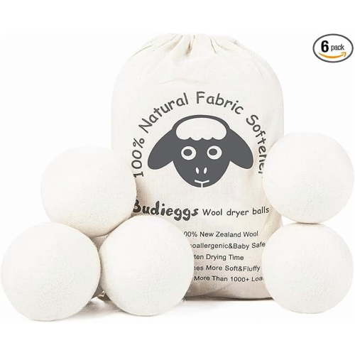 Budieggs Wool Dryer Balls Organic XL 6-Pack,Reduce Wrinkles & Shorten Drying Time Naturally