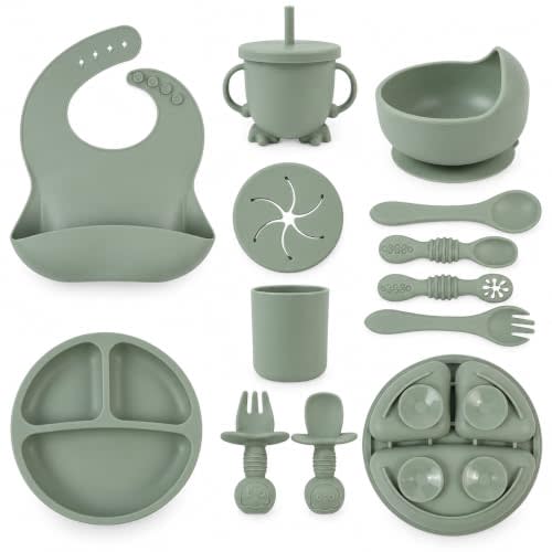 JOJO Baby 12-Piece Silicone Baby Feeding Set, Suction Plate & Bowl | Bib, Straw & Snack Cup, Open Cup, Baby Spoons & Forks for Self-Feeding and Baby-Led Weaning