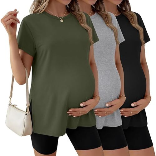 Ficerd 3 Pack Women's Maternity T Shirts, Short Sleeve Side Split Pregnancy Tops Casual Crew Neck Pregnant Tees Mama Clothes