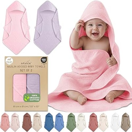100% Organic Cotton Muslin Baby Hooded Towels - 32x32 Inch, 2 Pack Newborn Bath Towels for Boys & Girls, Soft & Absorbent Bath Set (Light Pink/Light Purple)
