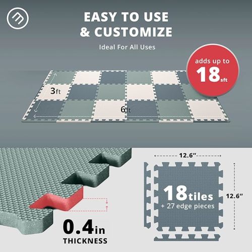 bemaxx Gym Flooring Set - Interlocking EVA Soft Foam Floor Mat 18 pcs 12.6"x12.6"x0.4" | 18 sqft Puzzle Tiles Protective Ground Surface Protection Play Workout Exercise Sports Pool Home Fitness Garage