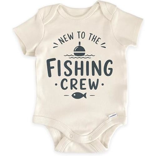 New To The Fishing Crew Pregnancy Reveal Bodysuit (0-3 Months, Natural) | Future Angler Outfit, Bobber And Fish Graphic, Daddy Fishing Buddy Reveal, Grandparents Surprise, Newborn Photo Prop
