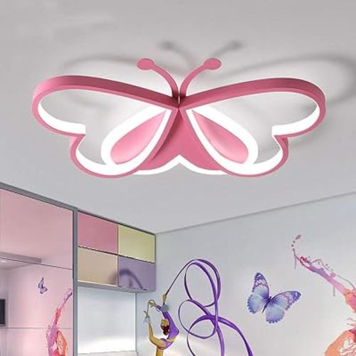 LAKIQ Lovely Butterfly LED Flush Mount Ceiling Light for Kids Room Modern Iron and Acrylic LED Ceiling Lamp Close to Ceiling Light Fixture for Bedroom Living Room (Pink,White Light)