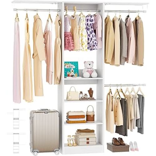 48" Closet Organizer System, 4FT Closet System for Small Closets with 4 Hanging Rods & 3 Shelves, 80"H Small Closet Organizers and Storage for Bedrooms, Cloakrooms, White