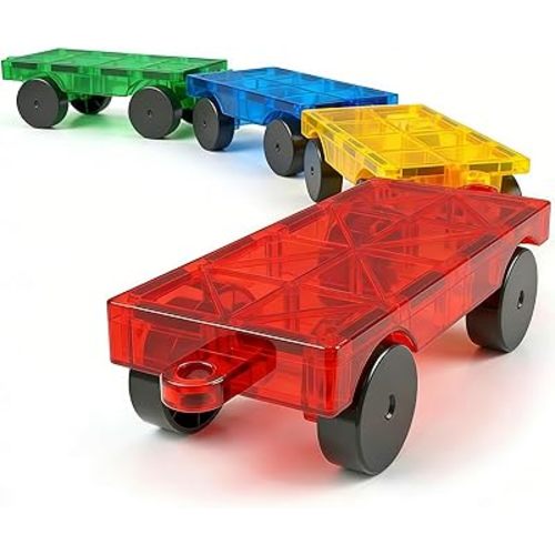 Magnetic Tiles Cars Construction Set, 4 PCS Magnet Cars Magnetic Building Blocks Toy for Kids Ages 4-8 3-5 Magnet Bricks Truck Kit Educational Sensory Toys Gifts for 3+ Year Old Boys & Girls Christmas