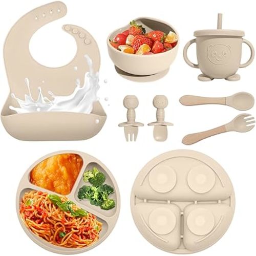 Baby Led Weaning Supplies, 8 Piece BPA-Free Silicone Feeding Set, Silicone Suction Bowl, Forks & Spoons, Bib & Cup, Develops Self Feeding Skills, Dishwasher Safe, for 6+ Months (Beige)