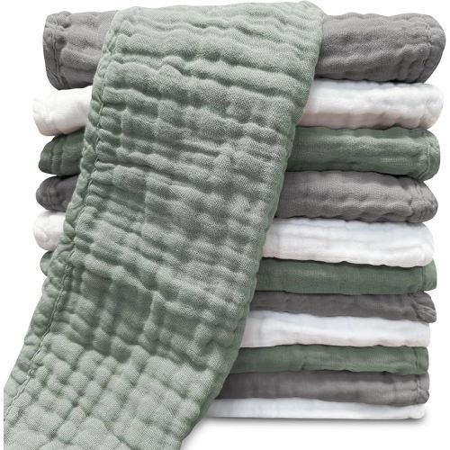 Sunny zzzZZ Muslin Burp Cloths for Baby 100% Cotton Burping Cloths for Unisex, Boy, Girl - Large 20'' by 10'' Newborn Essentials Ultra Soft Absorbent Milk Spit Up Rags - 12 Pack - White+Green+Grey