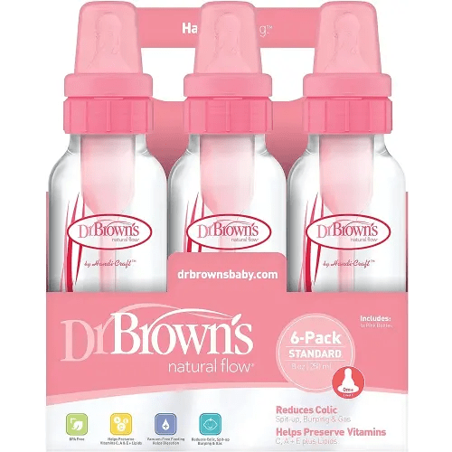 DR Browns Natural Flow Feeding Bottle 6PK Clear with Pink Print - 250ML(8OZ) (Standard)