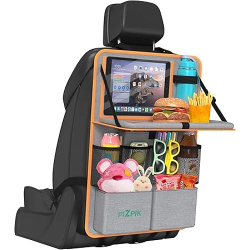 Car Backseat Organizer with Tablet Holder,11 Storage Pockets with Foldable Food Tray, Protector Kick Mats for Kids, Travel Accessories Organizer (Orange, 1Pack)
