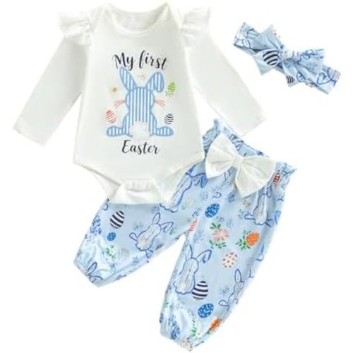 Honganda My First Easter Baby Girl Outfit Ruffle Sleeve Bunny Romper Onesie with Bow Pants Headband 3Pcs Easter Clothes Set