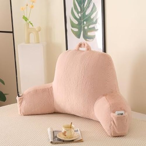 Soft Reading Pillow for Bed with Arms,Middle,Light Pink,Faux Fur