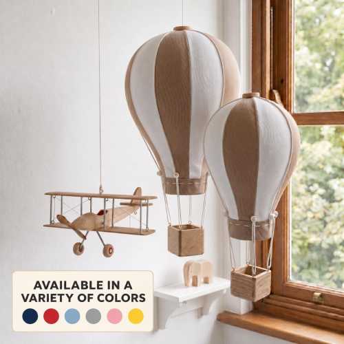 Fabric Hot Air Balloons & Wooden Airplane – Beige Cream Nursery Hanging Decor Set Aviation Theme