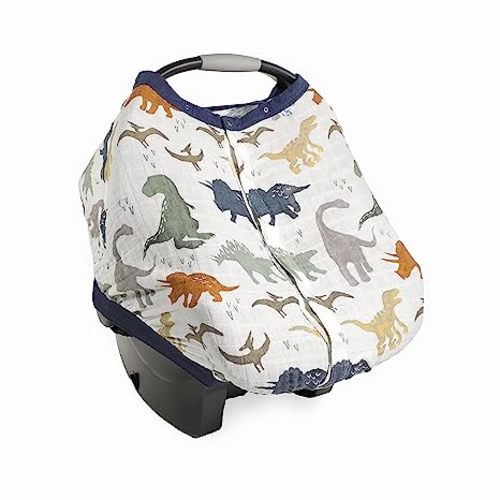 Little Unicorn Baby Car Seat Canopy | Soft & Breathable Muslin Fabric | Magnetic Closure Cover & Universal Fit | for Protection & Privacy | Nursing Cover (Dino Friends)