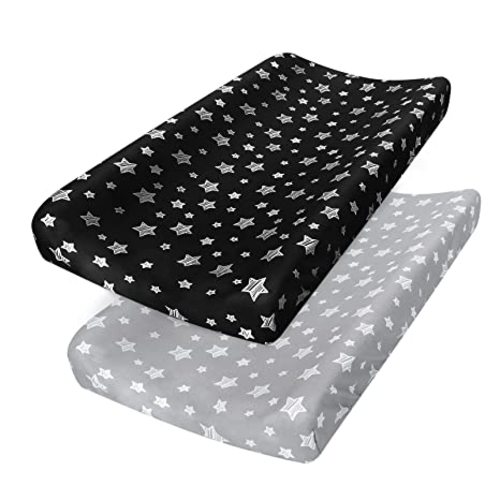 Changing Pad Cover for Boys Girls 2 Pack, Lovely Print Soft Unisex Diaper Change Table Sheets, Fit 32"x16" Contoured Pad, Comfy Cozy 2-Pack Cradle Sheets, Grey & Black