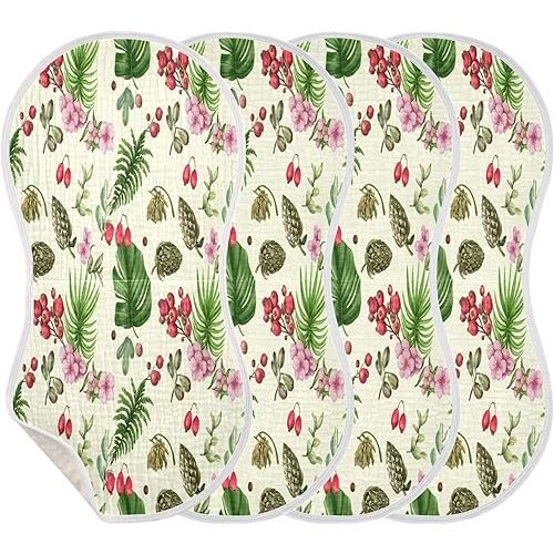 22x11 Inch Botanical Baby Burp Cloths, Breathable Cotton Absorbent Burp Rags, Soft Muslin Burp Cloths with Waterproof Backing for Newborn Baby Gift, 4 Pack
