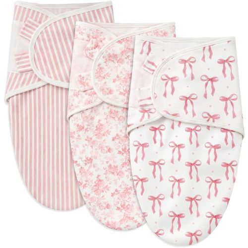 Janmercy 3 Pack Newborn Swaddle Blankets Soft 100% Cotton Blankets for Girls Cute Pink Floral, Striped & Bow Print Swaddling Wraps Breathable Infant Essentials Gift Set (0-3 Months)