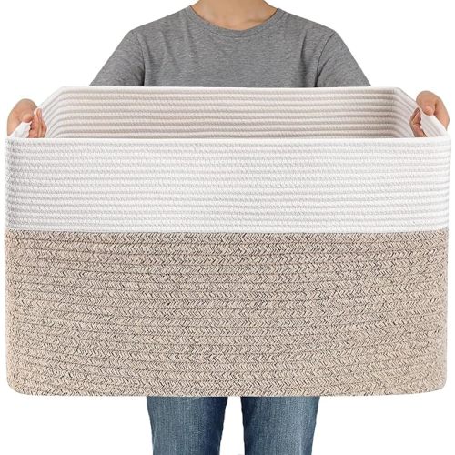 Woven Blanket Basket,65L Large Storage Bin for Blankets Toys Clothes,Decorative Rope Basket for Living Room Bedroom with Handles, White&Oatmeal