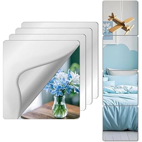 Unbreakable Full Body Mirror Tiles, 4PCS 10”x10” Stick on Mirrors for Wall, Toddlers Mirror Full Length for Kids Bedroom, Plastic Gym Frameless Door Mirrors Wall Decor