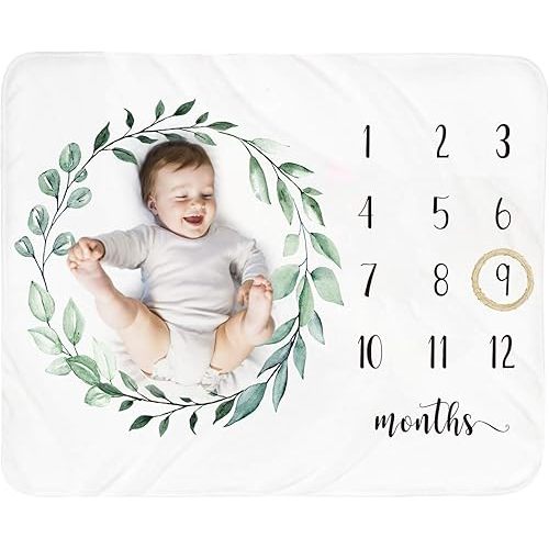 Baby Monthly Milestone Blanket Boy - Newborn Month Blanket Unisex Neutral Personalized Shower Gift Leaf Nursery Decor Photography Background Prop with Wooden Wreath Large 51''x40''