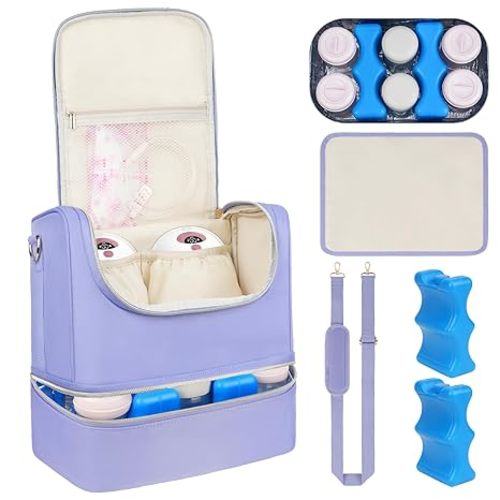 Wearable Pump Bag with Cooler Compartment Fits for Willow/Eufy/Elvie/Momcozy M5/S12 Pro/Medela, Breast Milk Travel Tote Bag with Ice Pack & Waterproof Mat,Apricot
