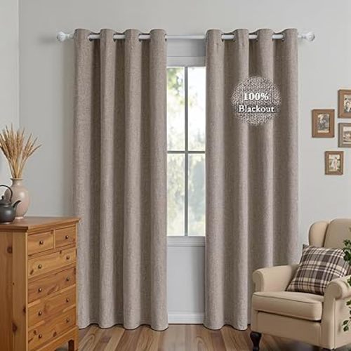 100% Blackout Linen Curtains for Bedroom 84 Inches Long, Black Out Thermal Insulated Grommet Curtains 2 Panels Set,Sun Blocking Privacy Drapes Living Room Nursery (52W × 84L inch, Beige)