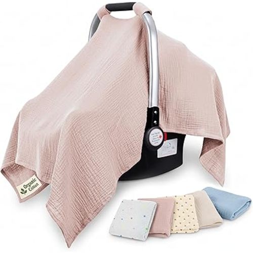 100% Organic Muslin Cotton Car Seat Cover 35 x 50 Inches Soft Touch Breathable Canopy, Protective Car Seat Cover Baby All Seasons Lightweight Car Seat Cover Travel Comfort (Pink)