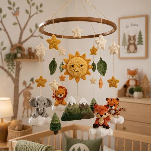 Personalized Crochet Woodland Nursery Baby Mobile, Woodland Animals Decor, Lion Fox Elephant Tiger Nursery Decor, Woodland Baby Shower Gift