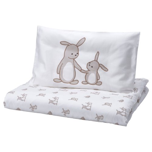 LEN Duvet cover 1 pillowcase f crib - white beige/bunny pattern 43 1/4x49 1/4/13 3/4x21 5/8 "
