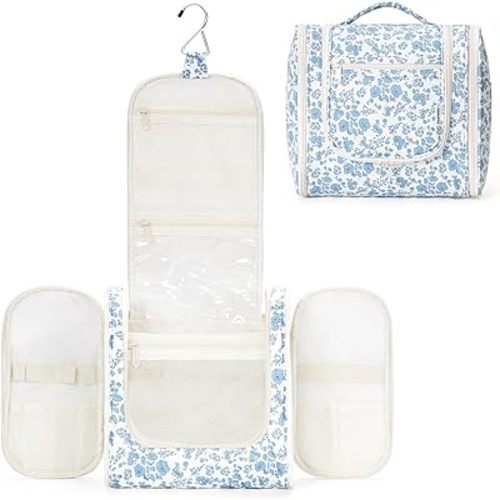 Narwey Hanging Toiletry Bag for Women Travel Makeup Bag Organizer Toiletries Bag for Cosmetics Essentials Accessories (Large, Little Blue Flower)